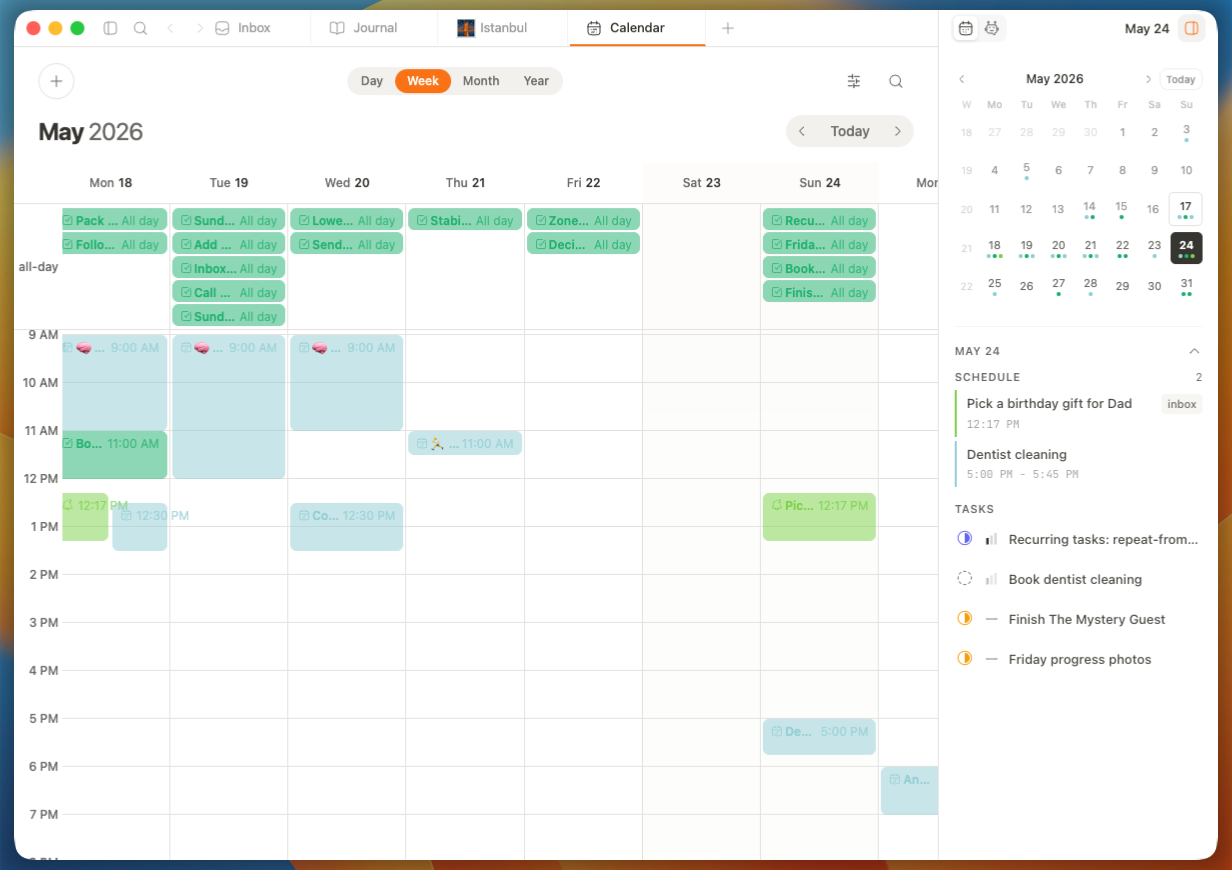 memrynote calendar page showing the weekly calendar, scheduled tasks, and day sidebar