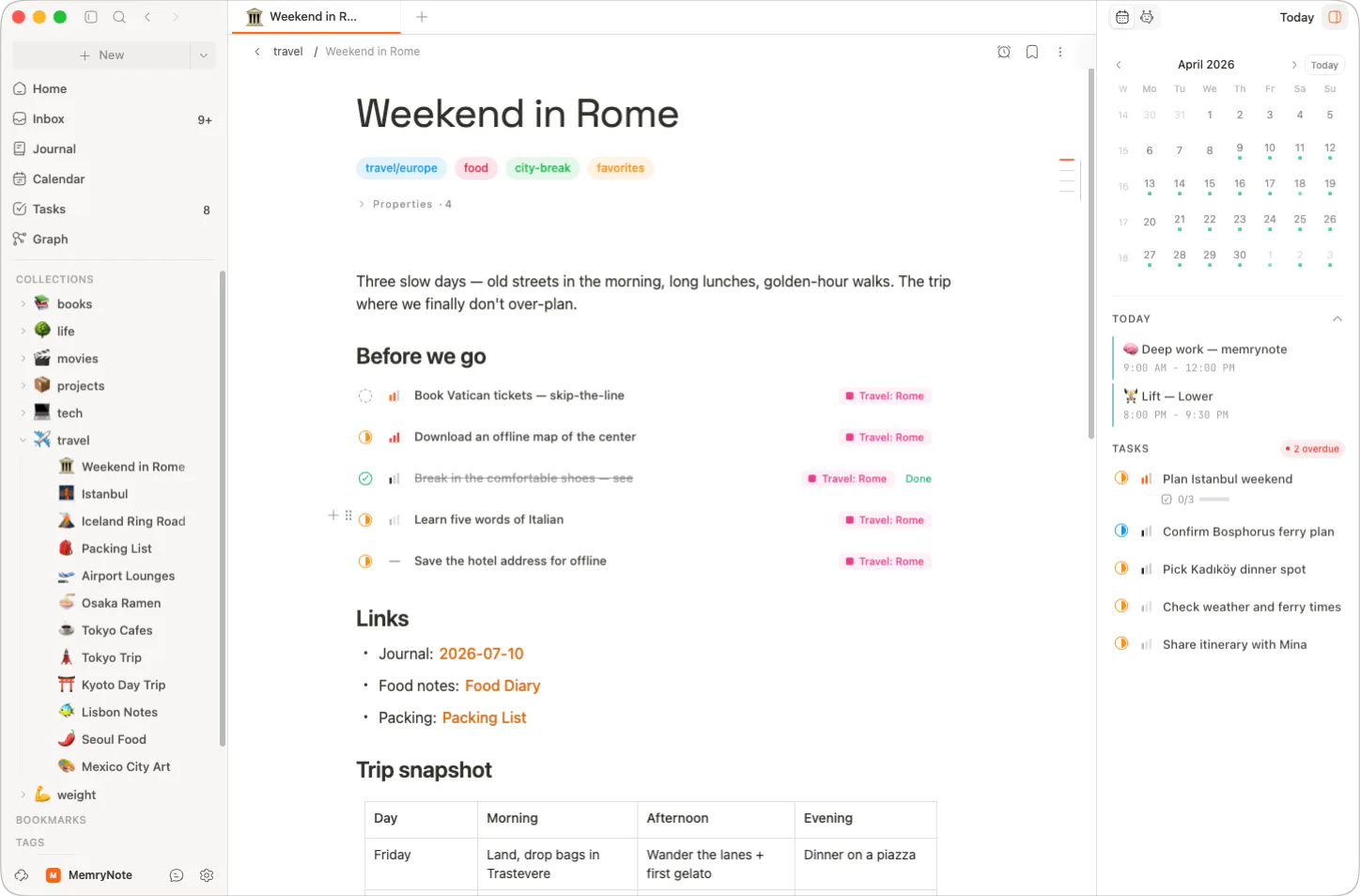 The MemryNote app showing a note with tags, a table, and tasks