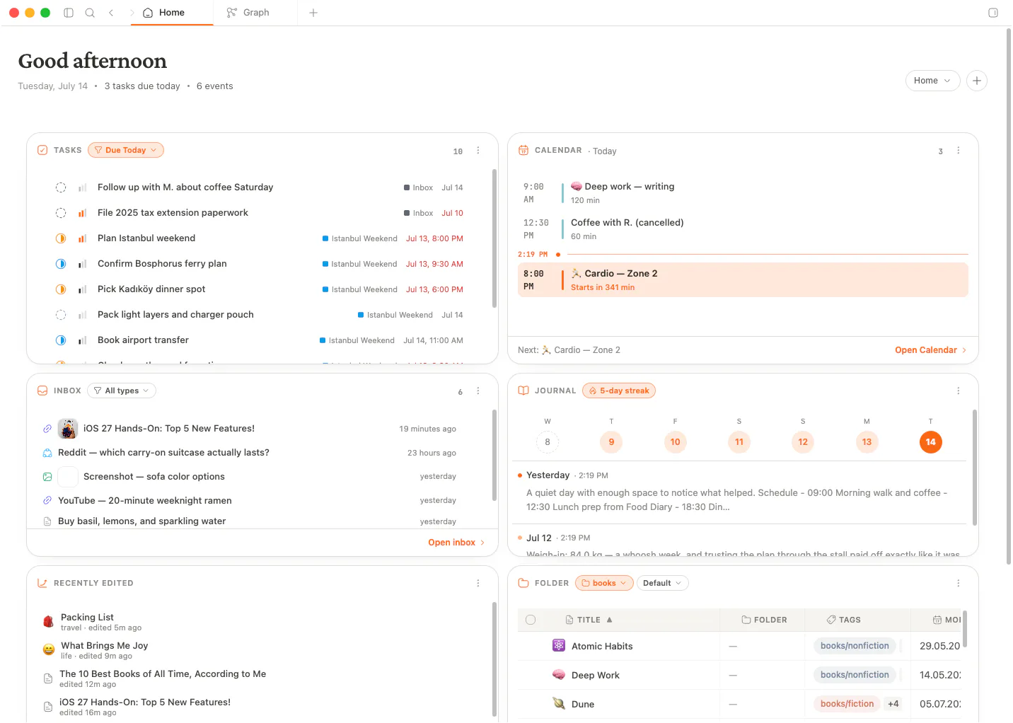 The home dashboard: tasks, calendar, inbox and journal in one view