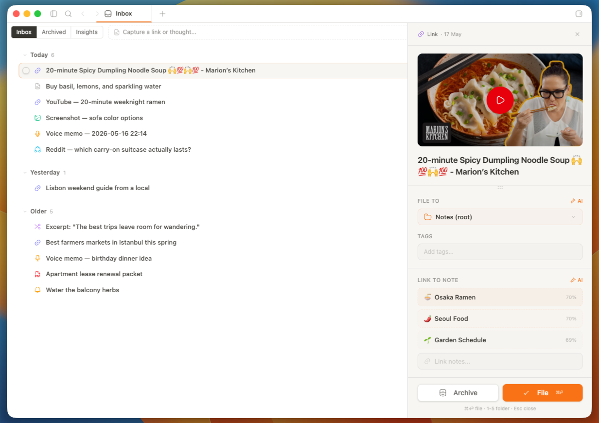 memrynote inbox page showing captured notes, source metadata, and the processing queue