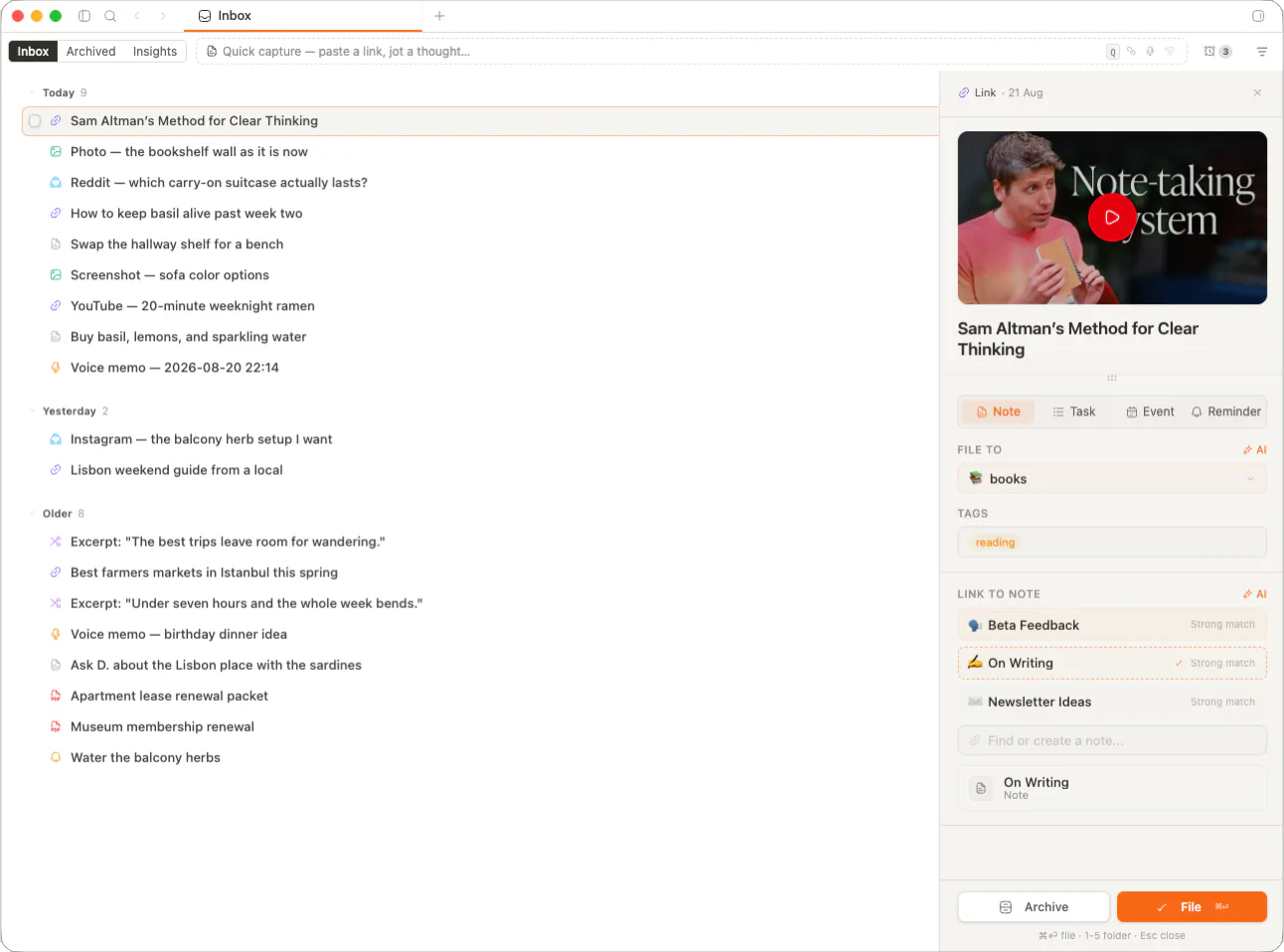 memrynote inbox page showing captured notes, source metadata, and the processing queue
