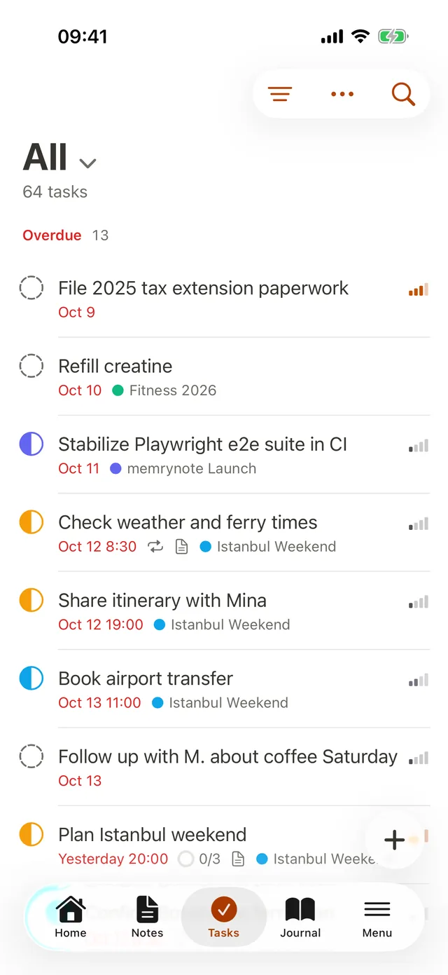 The Tasks tab on iPhone with overdue tasks, their dates, priorities and projects