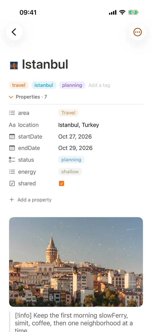 A travel note on iPhone with tags, properties and a cover photo of Istanbul
