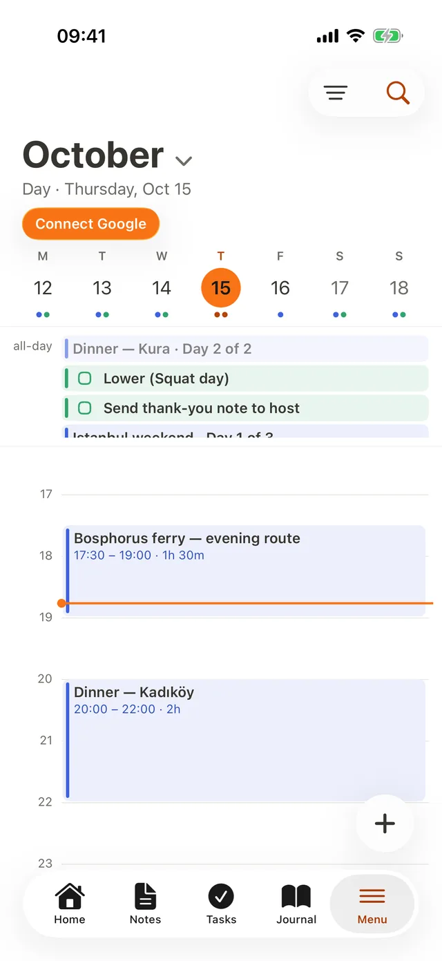The calendar day view on iPhone with events and tasks