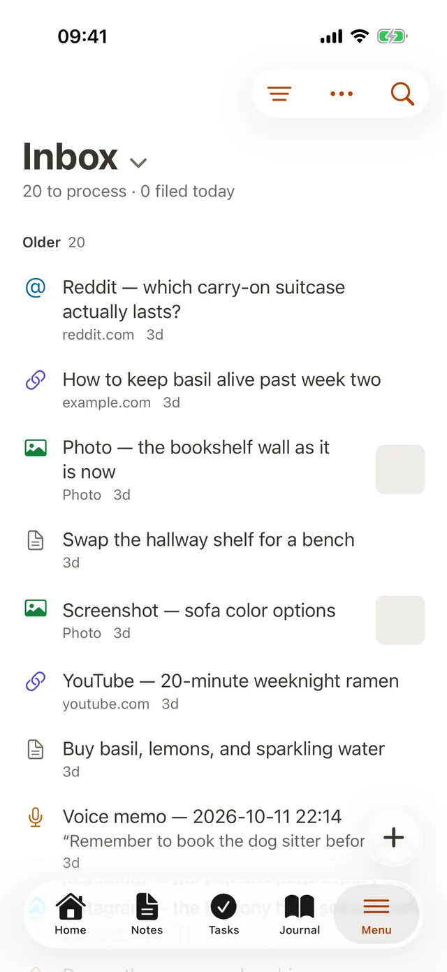 The inbox on iPhone with links, photos and a transcribed voice memo