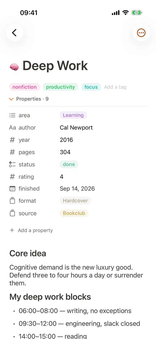 A book note on iPhone with author, year, rating and status properties