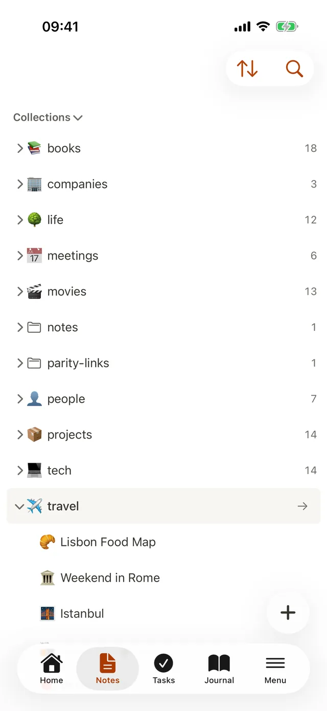 The Notes tab on iPhone listing vault folders with note counts