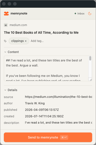 The MemryNote web clipper capturing the article