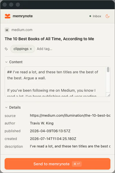 The MemryNote web clipper capturing the article